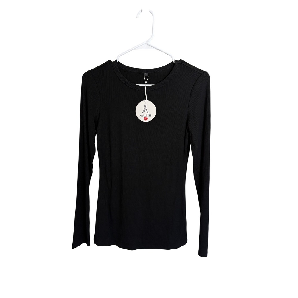 ANRABESS Ribbed Long Sleeve Top Womens Small Black Slim Fit Basic Quiet Luxury